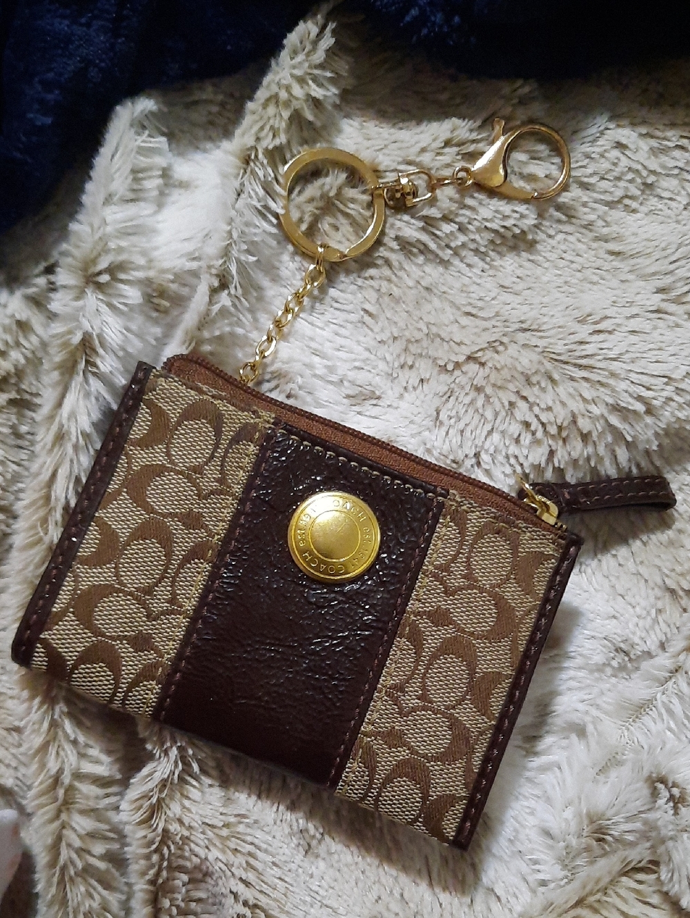 EUC Coach Brown & Tan Canvas & Leather Signtaure Series Key Coin Pouch 🔑 Keyfob